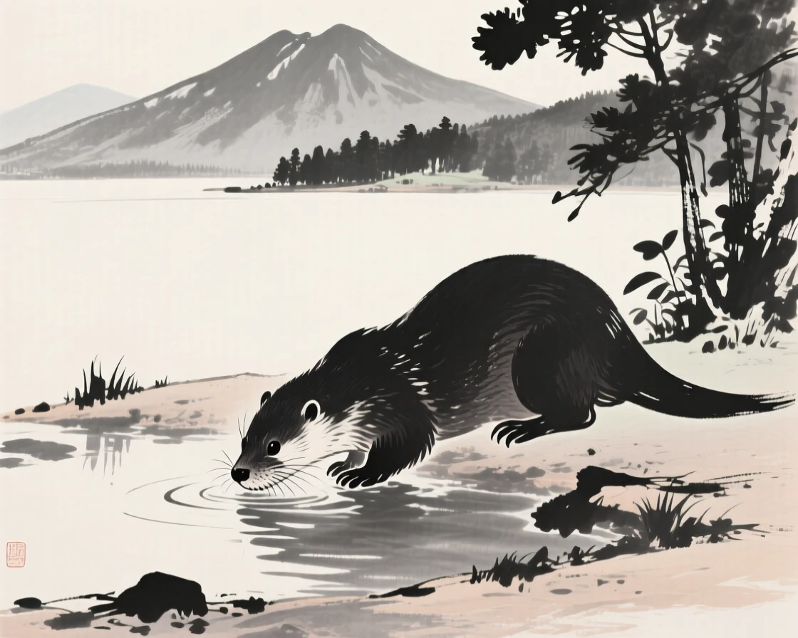 An otter drinking from a still forest pool beside a tranquil mountain lake, framed low to the ground for an intimate, close perspective, suggesting calm alertness within a peaceful world.
