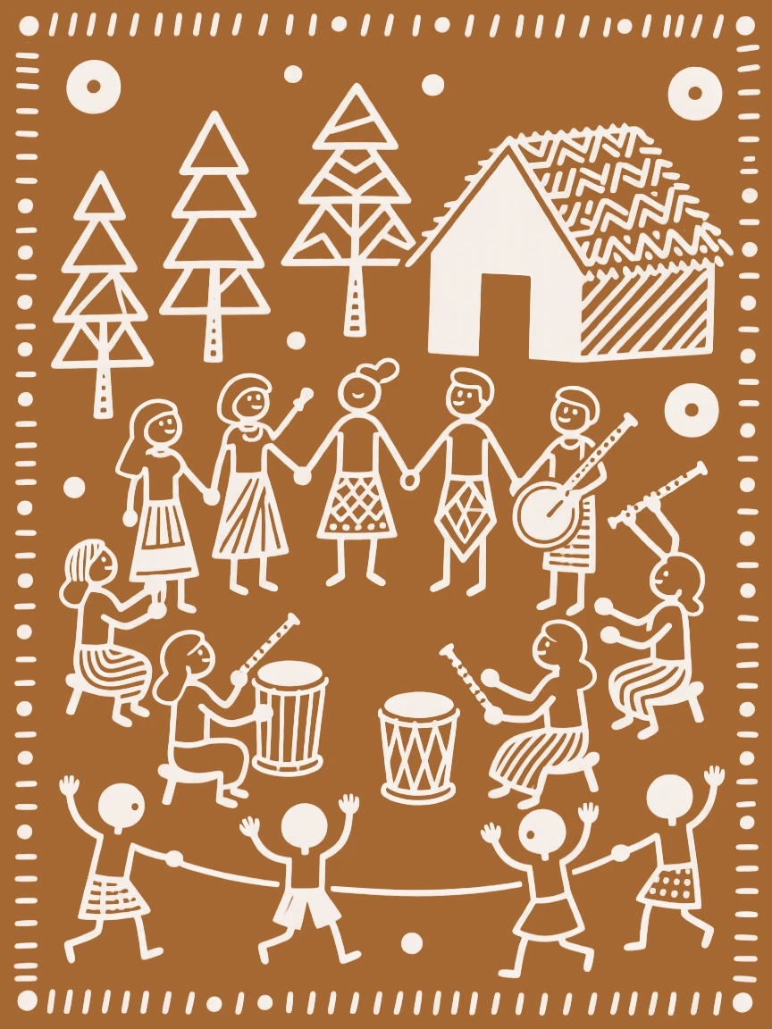 A composition centered on a grand family gathering filled with musicians and celebrating families.