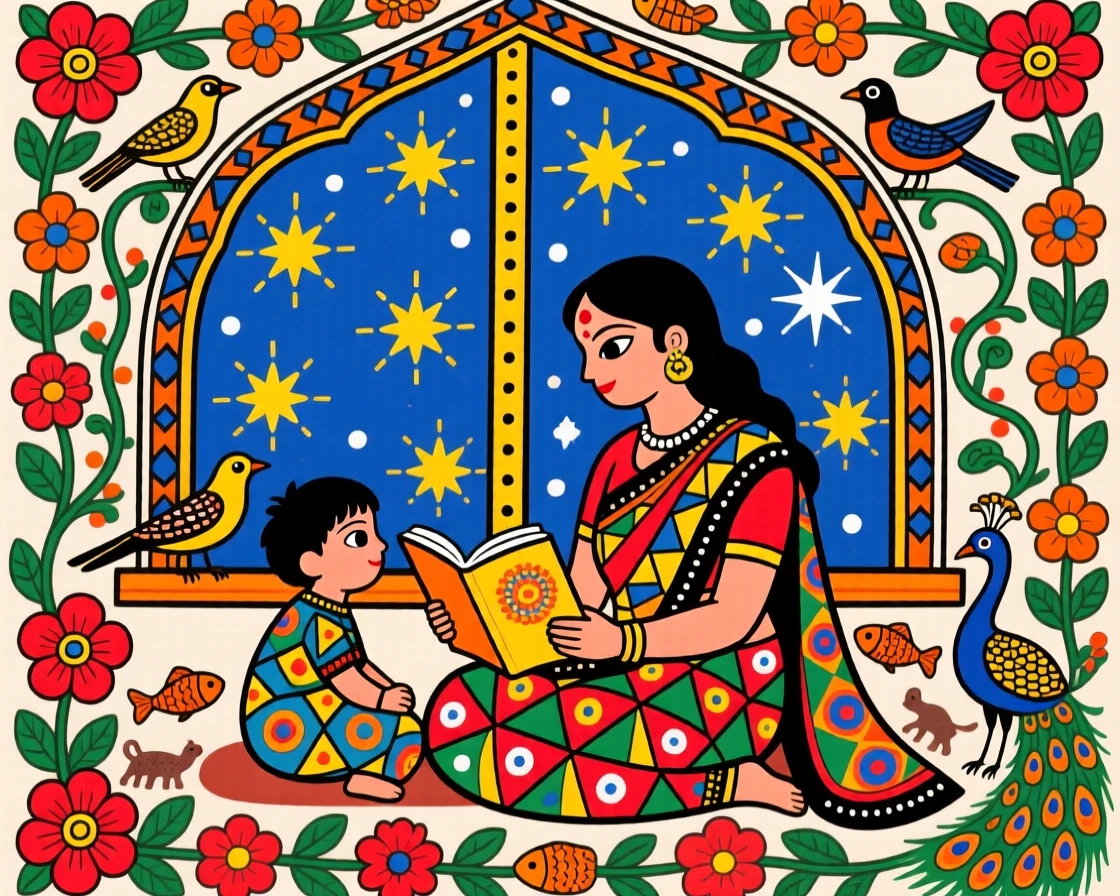 A mother reading a bedtime story beneath a window of stars.