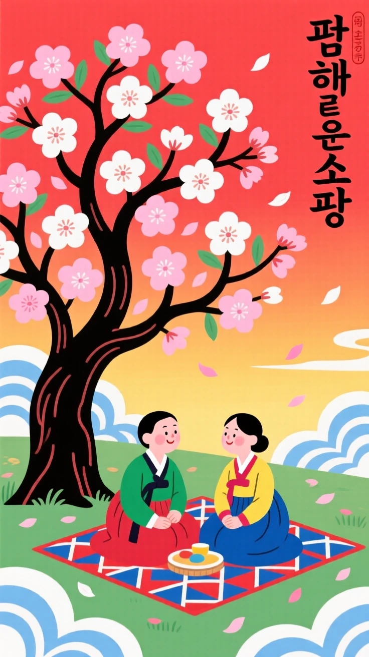A couple sharing a quiet picnic under a blossoming tree as the last light of day fades.