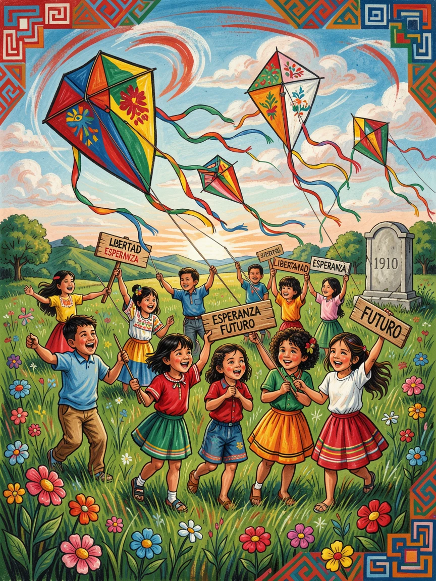 A country meadow where children fly kites on a windy day