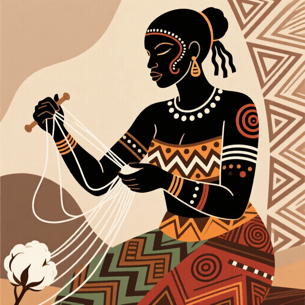 A woman spinning cotton into thread by hand.