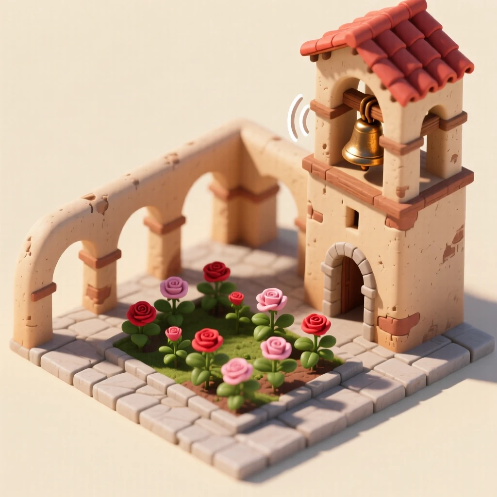 A colonial Spanish mission courtyard with adobe arches, a bell tower ringing, and a garden of roses in full bloom.