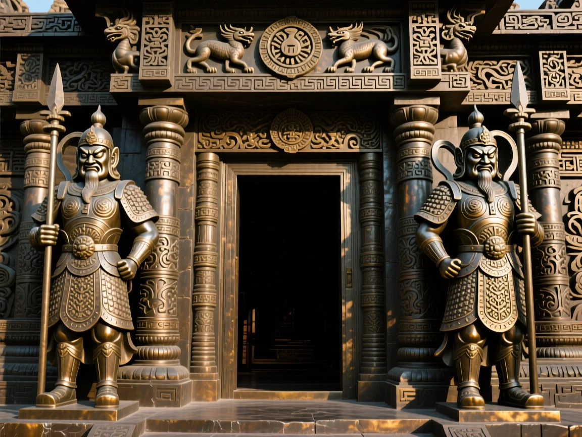 An ancient temple entrance guarded by carved sentinels, with intricate architectural detail throughout, exuding timeless grandeur