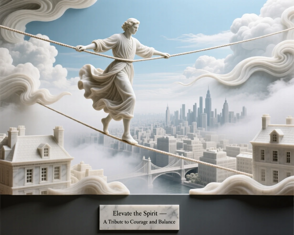 A vivid, emotionally rich scene of a tightrope walker balanced high above a city, amid swirling clouds and mist, designed to captivate and inspire