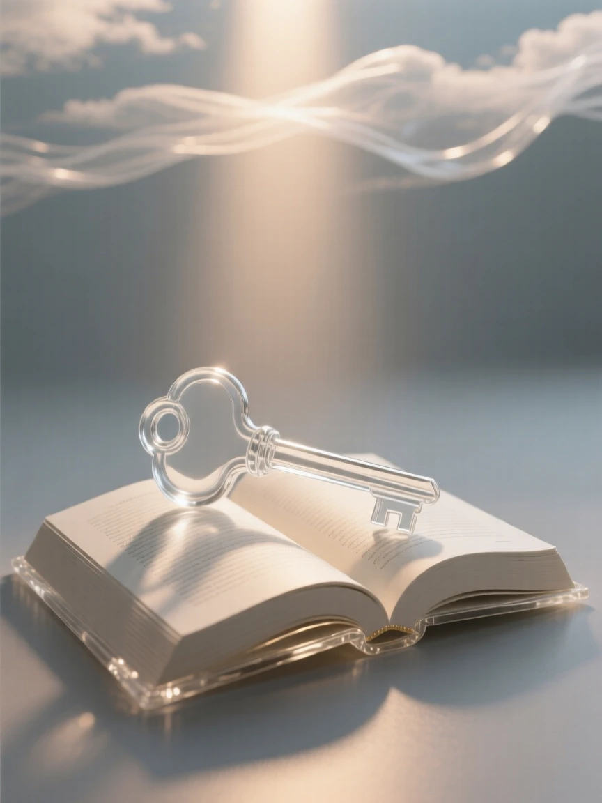 A key resting atop an open book beneath a beam of light beneath a sky filled with softly drifting light, while a quiet stillness surrounds the entire scene