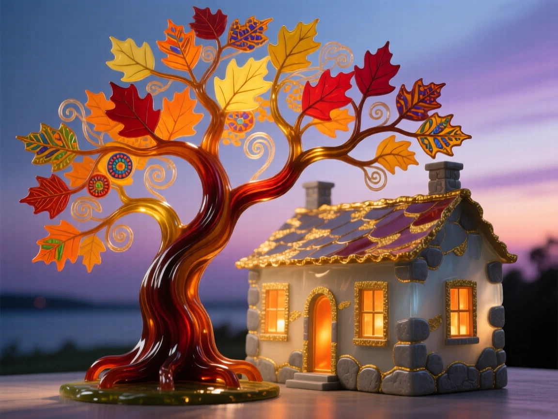 A grand old oak tree glowing with the richest autumn color beside a quiet stone cottage at dusk, timeless and cozy.