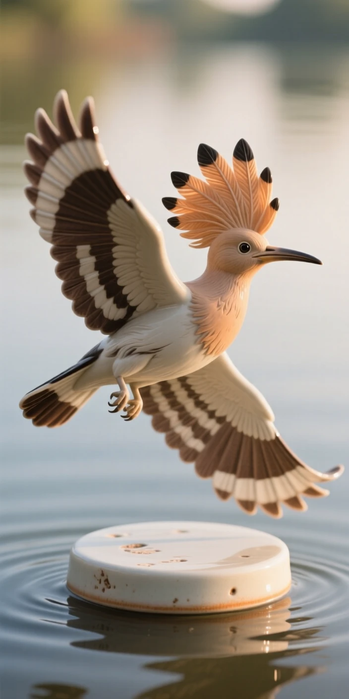 A hoopoe with its crest fully raised caught gliding low over calm water, framed by soft rays of morning sun, conveying effortless elegance in motion.