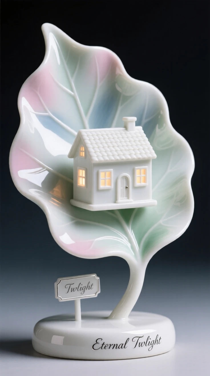 A surreal composition where a single leaf carries a tiny house downstream, lit with the soft glow of an eternal twilight.