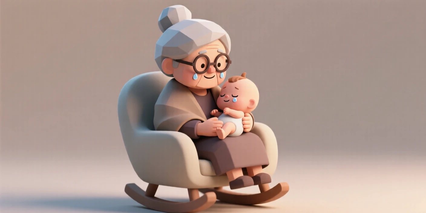 A gentle grandmother rocks a great-grandchild for the first time, tears of joy glistening in her eyes.