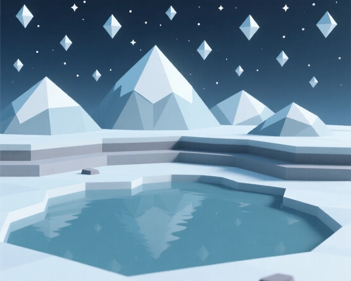 A serene lake reflecting snow-capped mountains, under a sky full of stars. layers of color create a striking sense of depth. The view feels timeless and untouched.