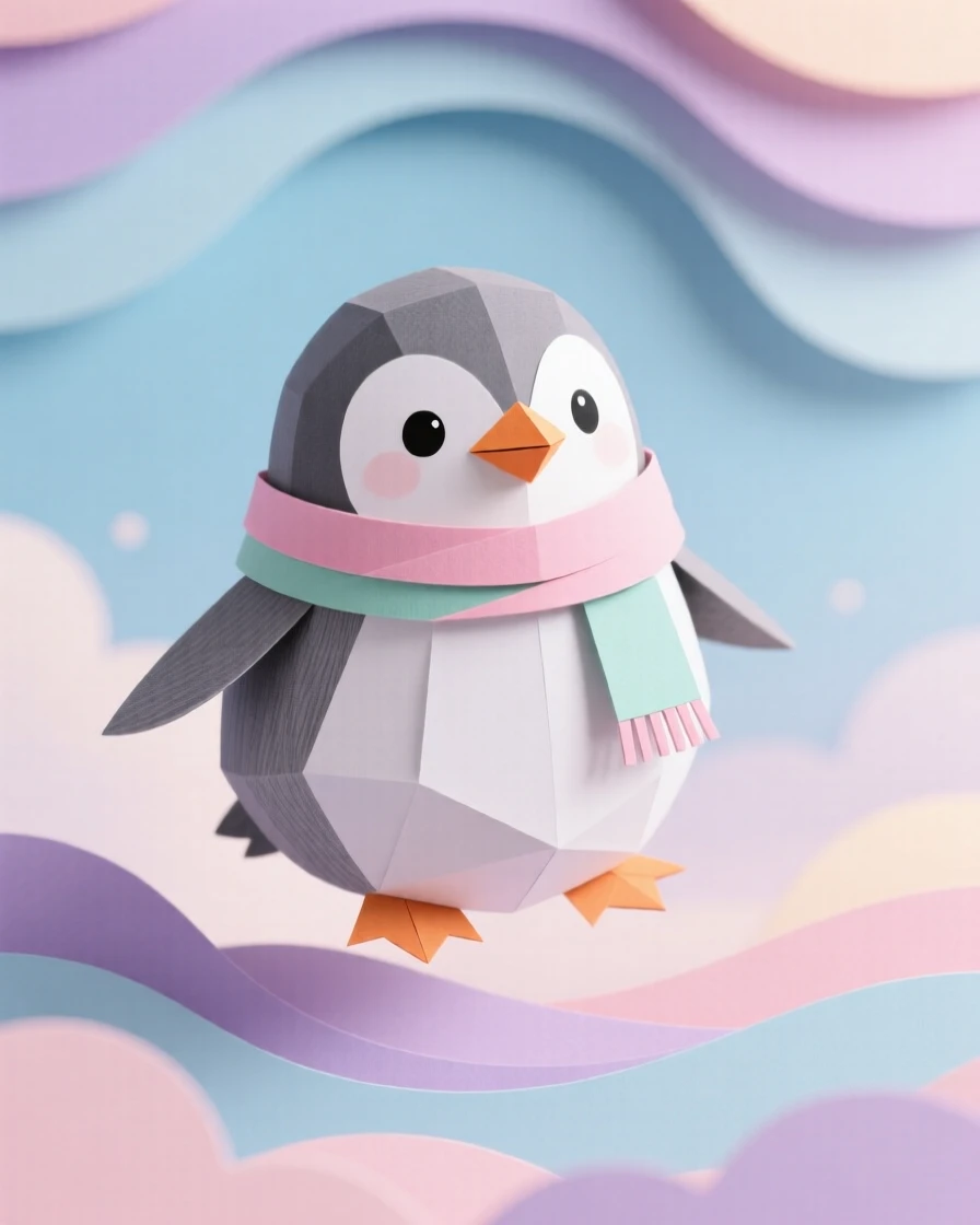 A round penguin chick in a scarf floating lazily across a pastel sky, with a soft warm glow surrounding it, capturing joyful, lighthearted wonder.