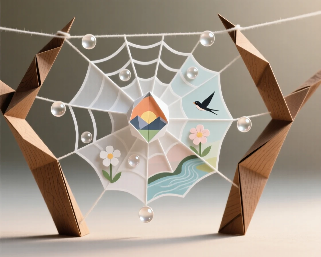 A single spider web strung between two branches, dew drops each reflecting a different scene.