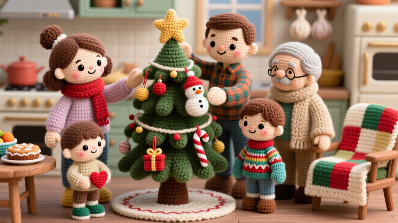 a family decorating a holiday tree together, each hanging their favorite ornament, standing back to admire their work, in a cozy kitchen filled with the smell of home cooking, with a warm quilt draped over a nearby chair, radiating the simple joy of everyday family life.