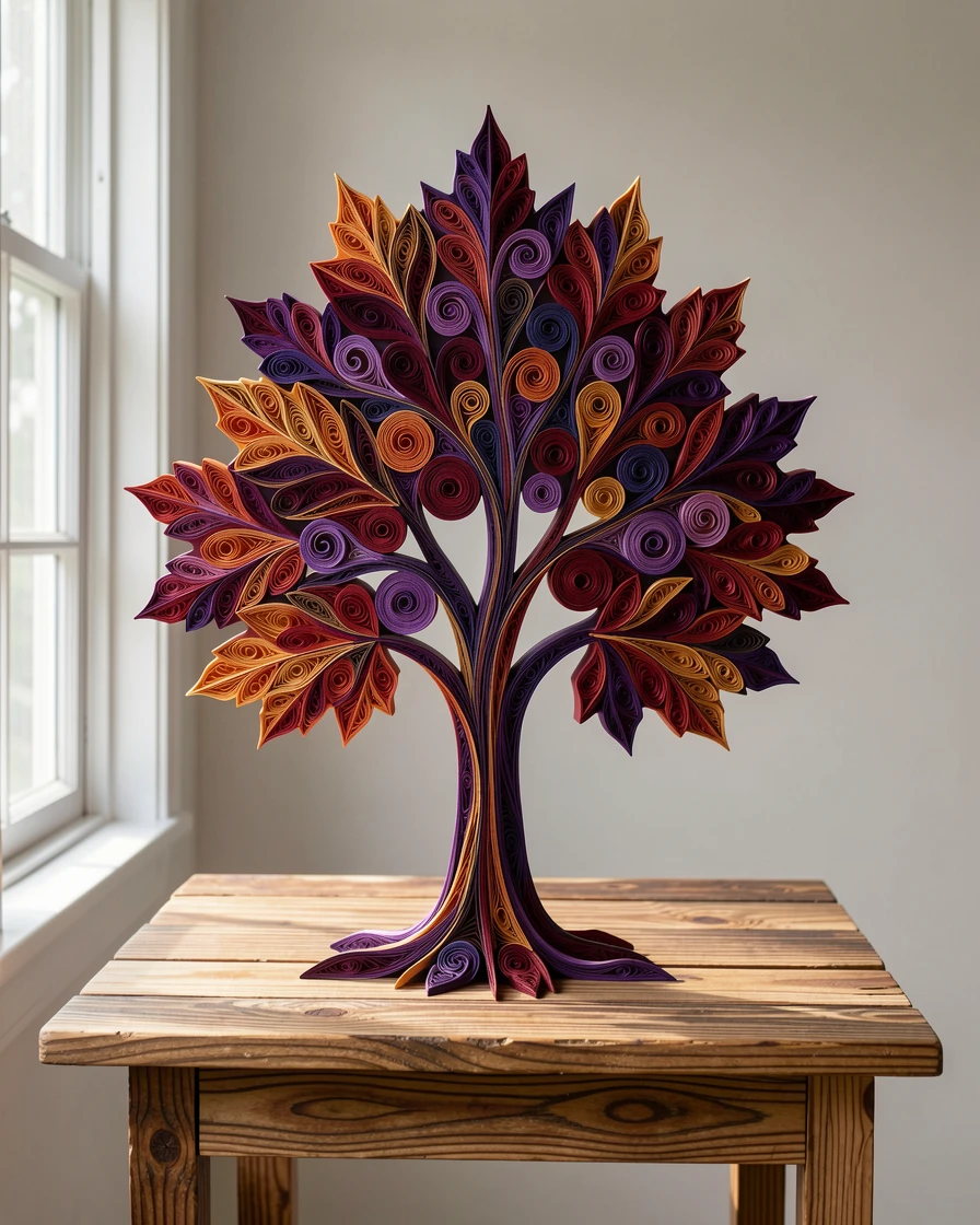 a maple tree in peak autumn color, on a rustic wooden table near an open window, centered with generous negative space around it, in deep jewel tones of violet and crimson.
