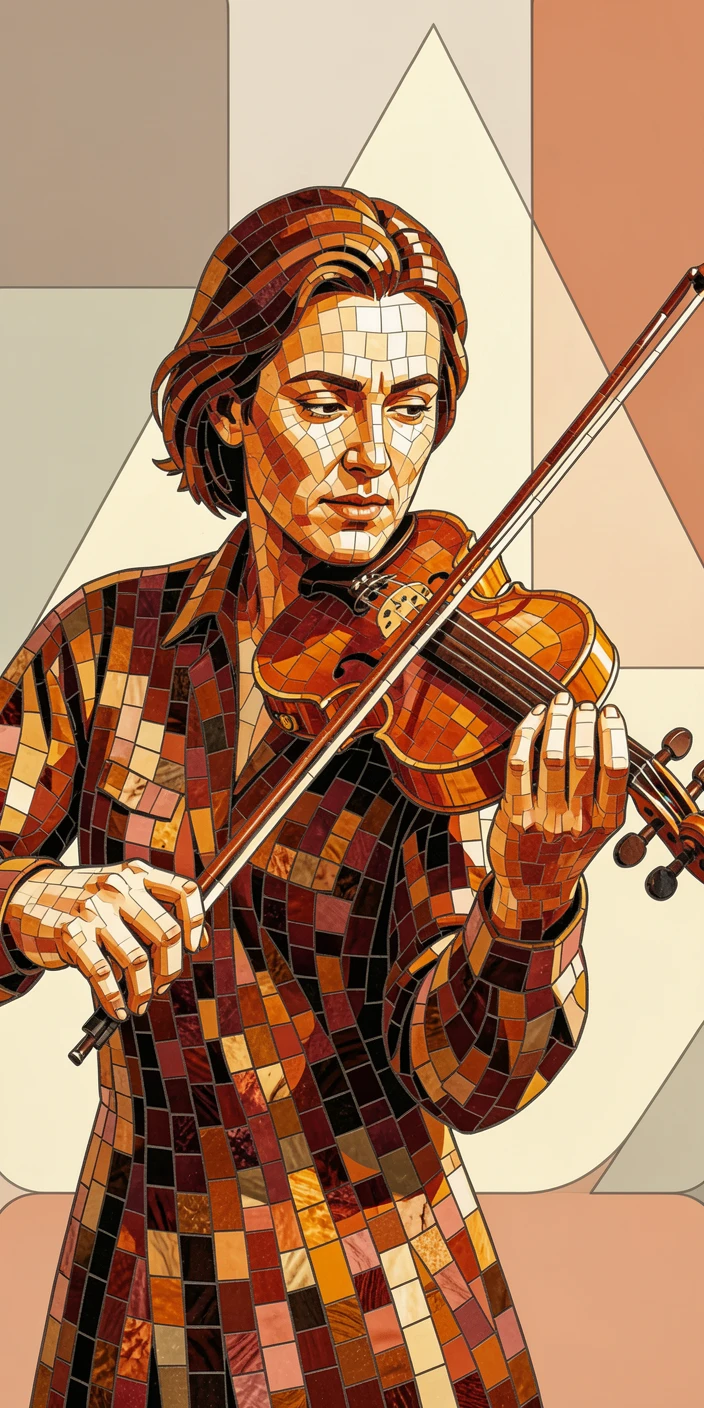 A warm, expressive portrait of a violinist performing passionately under a warm spotlight, with soft natural lighting and rich emotional detail.