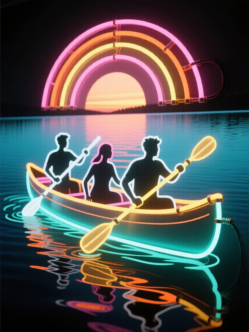 A group of friends paddling canoes across a calm lake at sunrise.