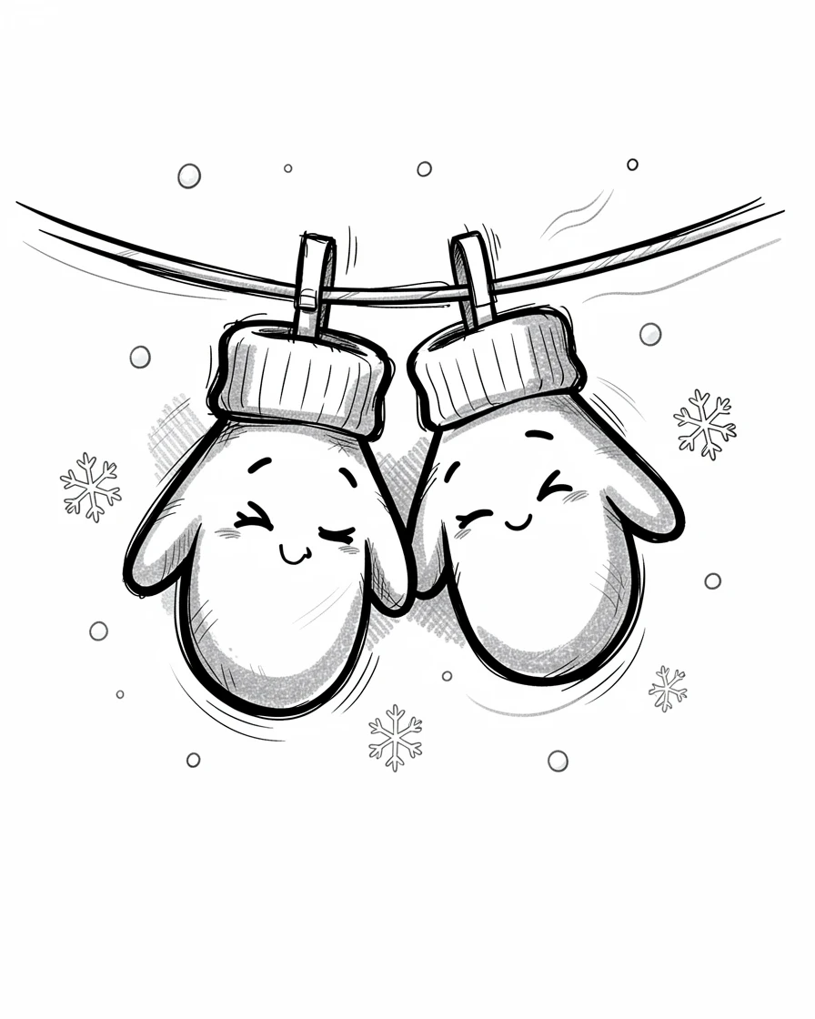 A pair of mittens warming each other on a clothesline on a clothesline in winter.
