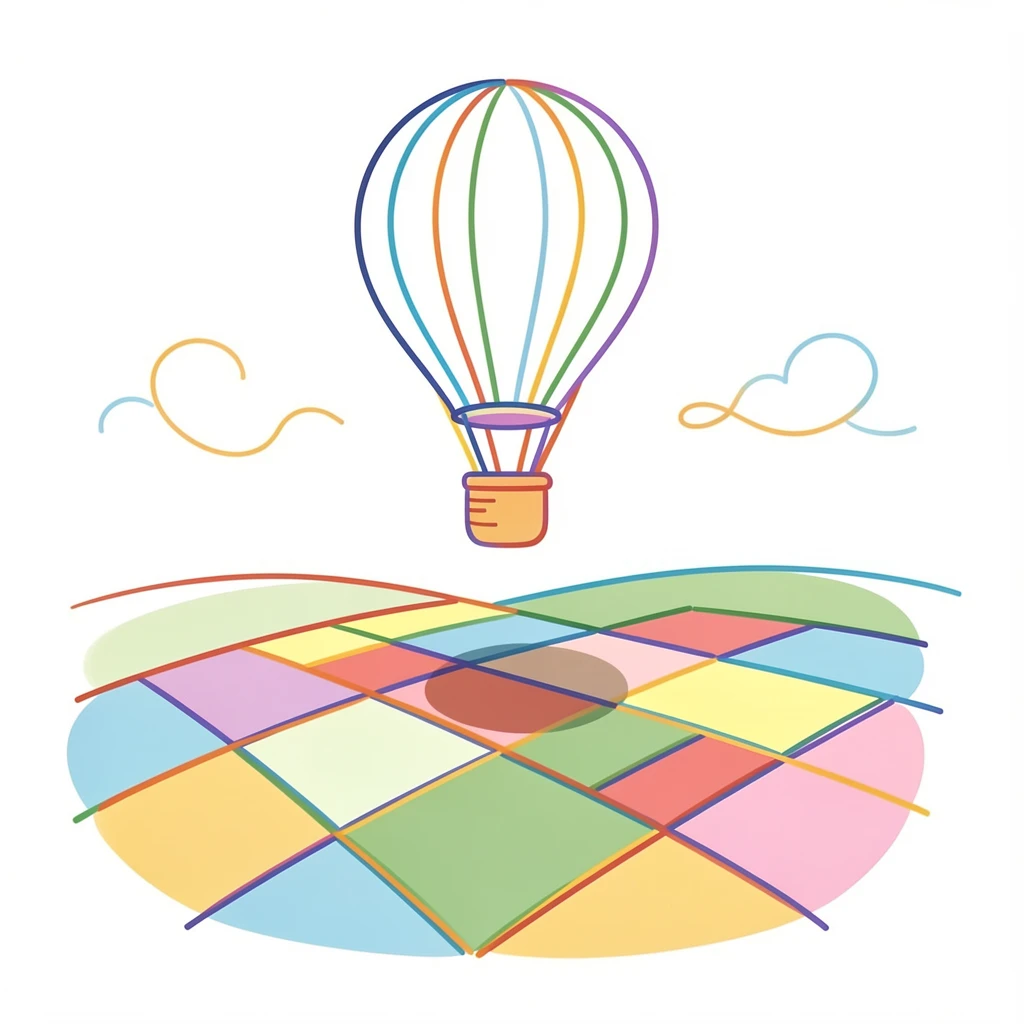 A single hot air balloon casting shadows over a patchwork quilt of farmland.