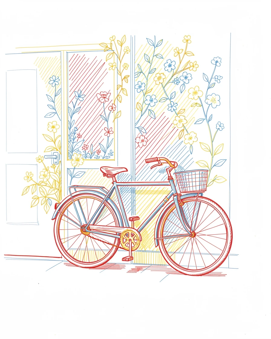 A vintage bicycle leaning against a flower-covered café wall