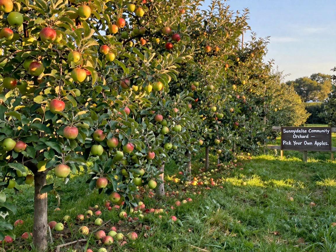A community orchard heavy with ripening apples