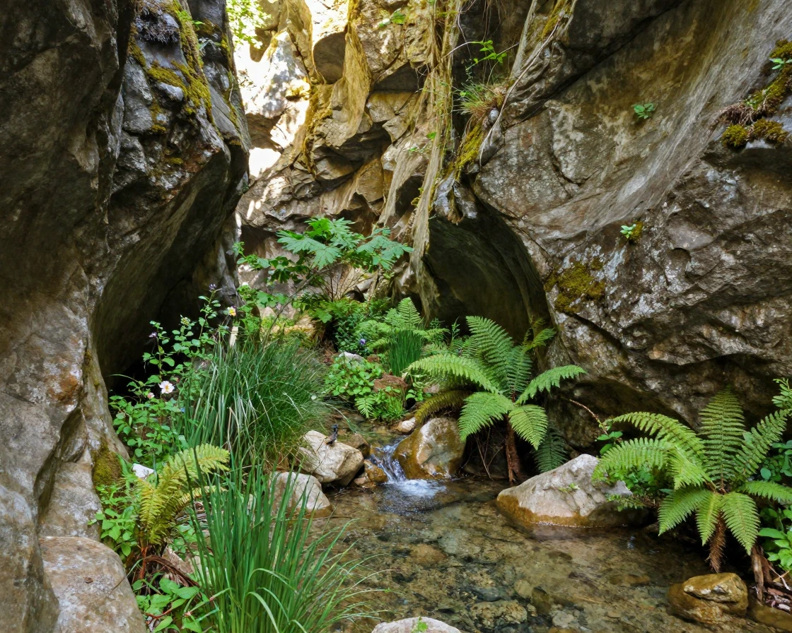 A hidden canyon opens into a lush oasis fed by a trickling spring.