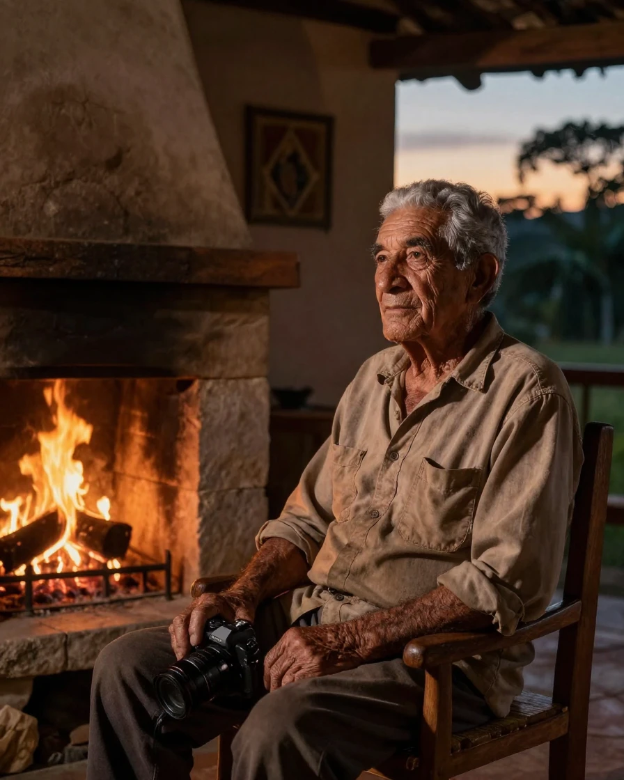 An elderly Brazilian man resting after a long day of work beside a crackling fireplace at dusk