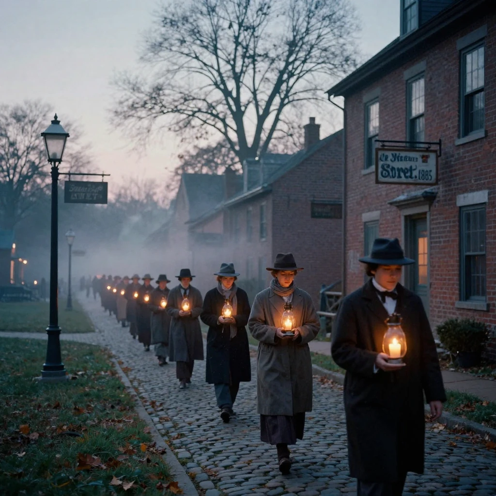 A candlelit procession moving through a historic town at dusk, under a pale winter sky, as mist rises off the ground, in the mild days of early autumn, in cool blues and silvery greys, from behind, looking toward the horizon.