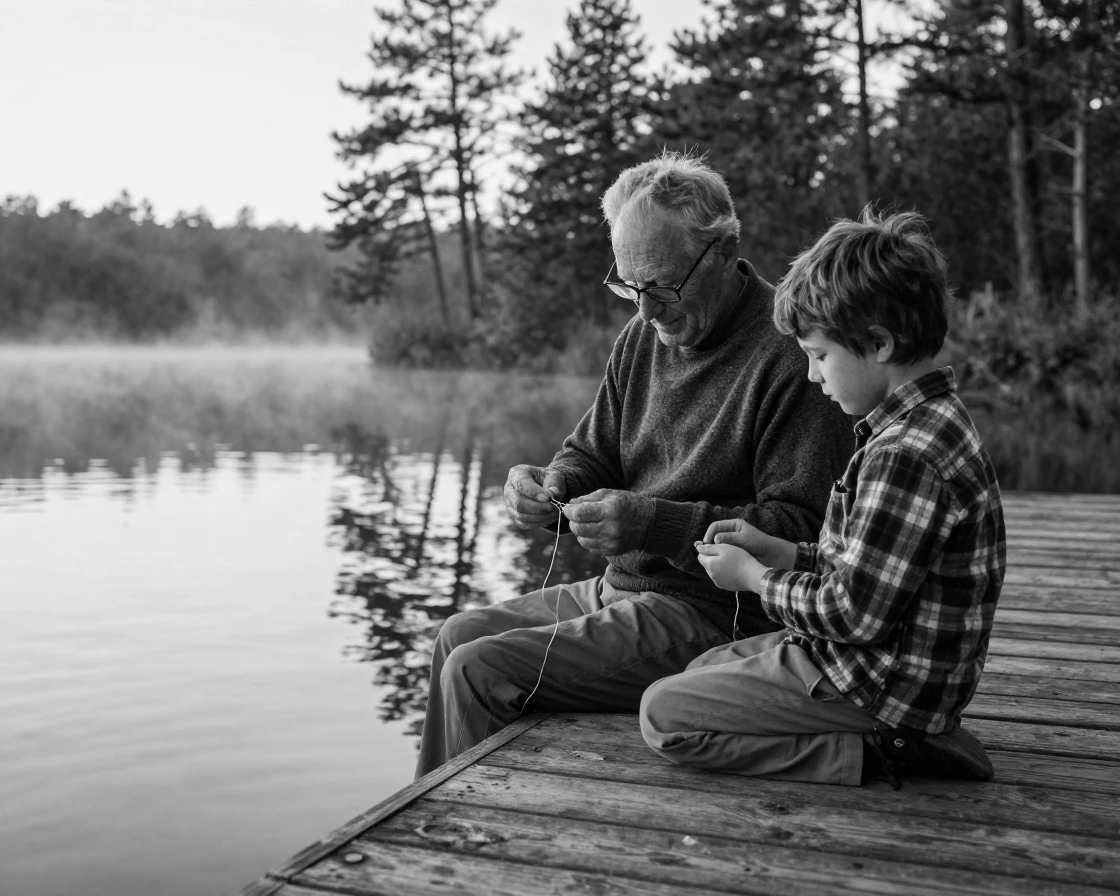 A grandfather teaches his grandson a favorite fishing knot beside a quiet lake at dawn.