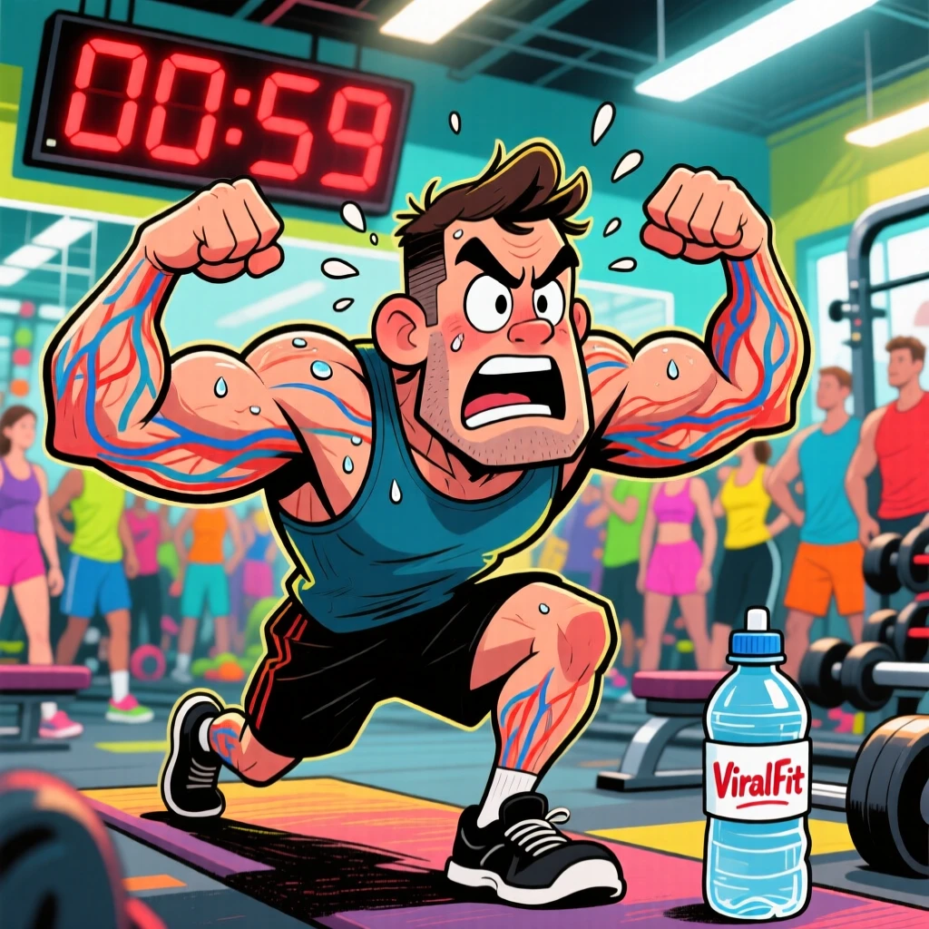 A man doing a viral fitness challenge in a crowded, brightly lit gym.