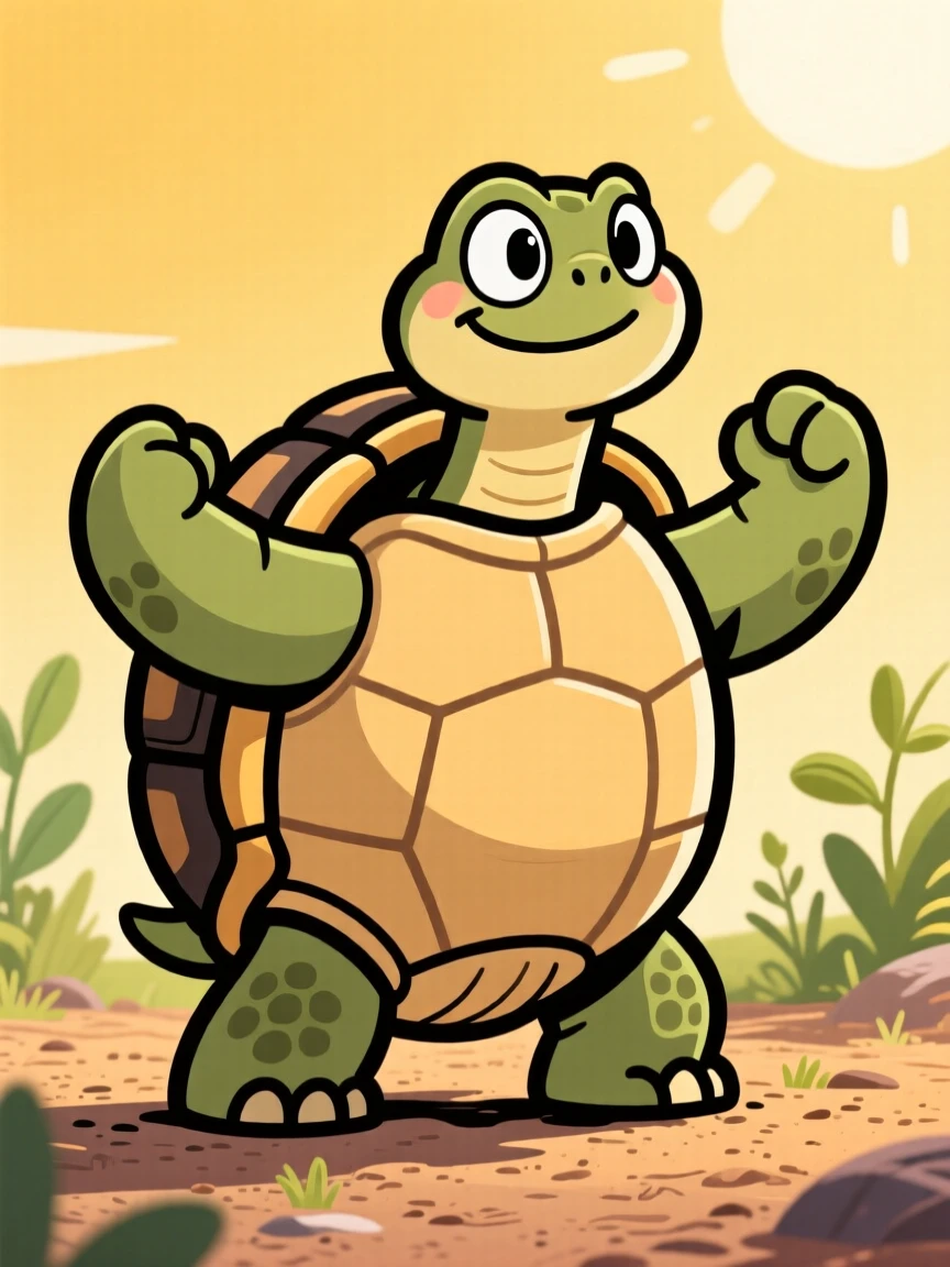 A charming animal moment featuring a determined tortoise puffing up proudly to look twice its size, under a warm golden afternoon sun.
