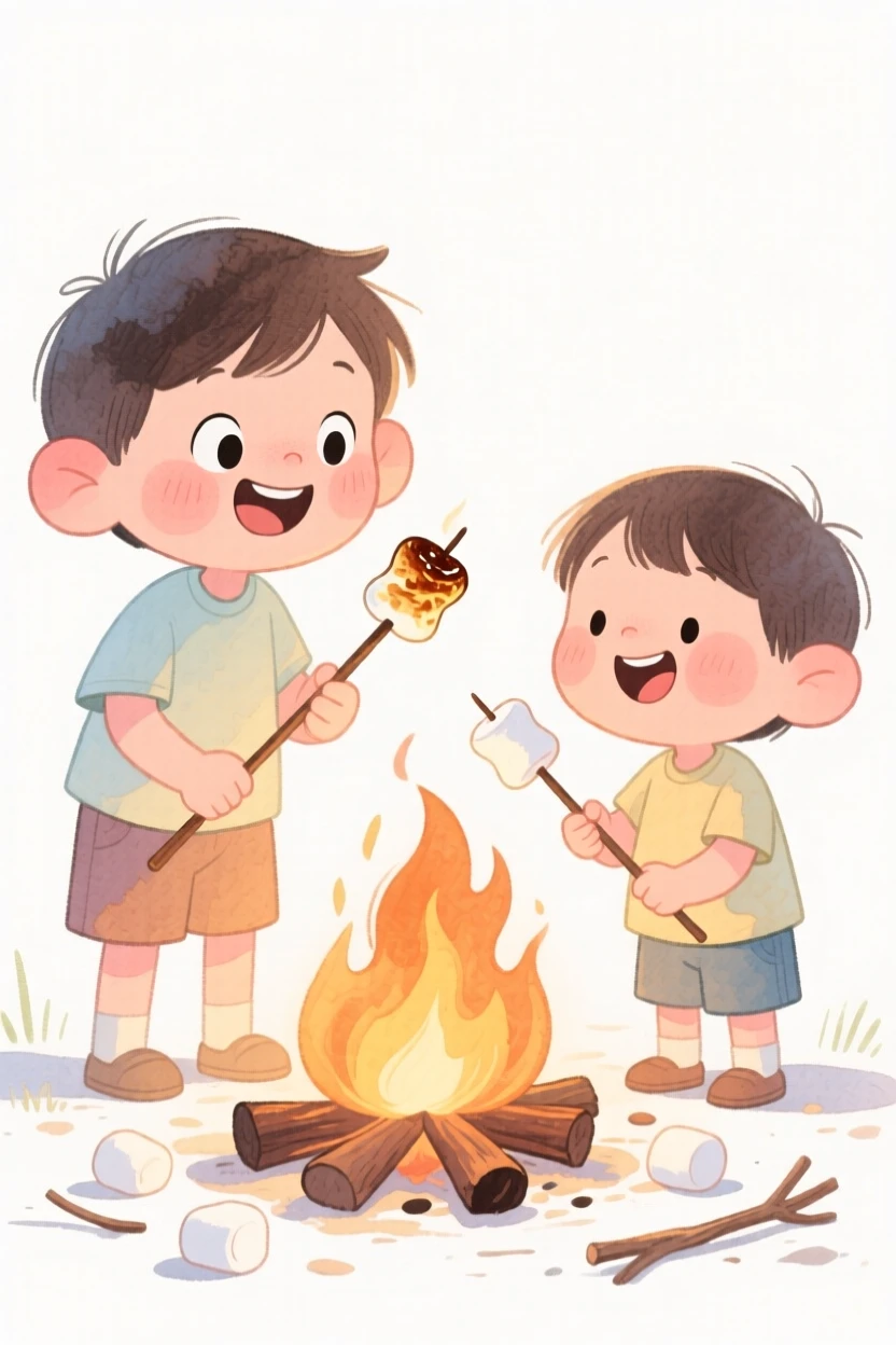 A heartwarming scene of siblings roasting marshmallows at a backyard campfire