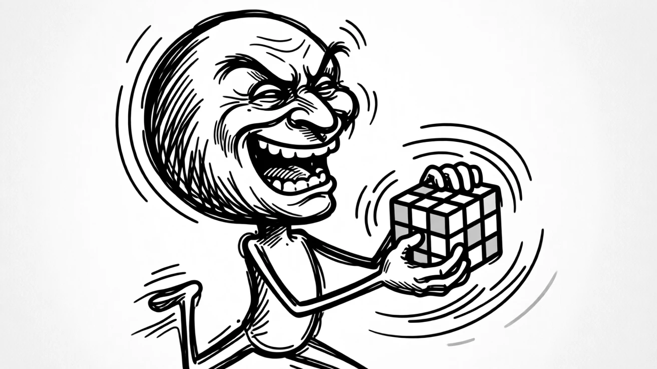 A person solving a Rubik's cube with lightning speed, look of triumph on their face.