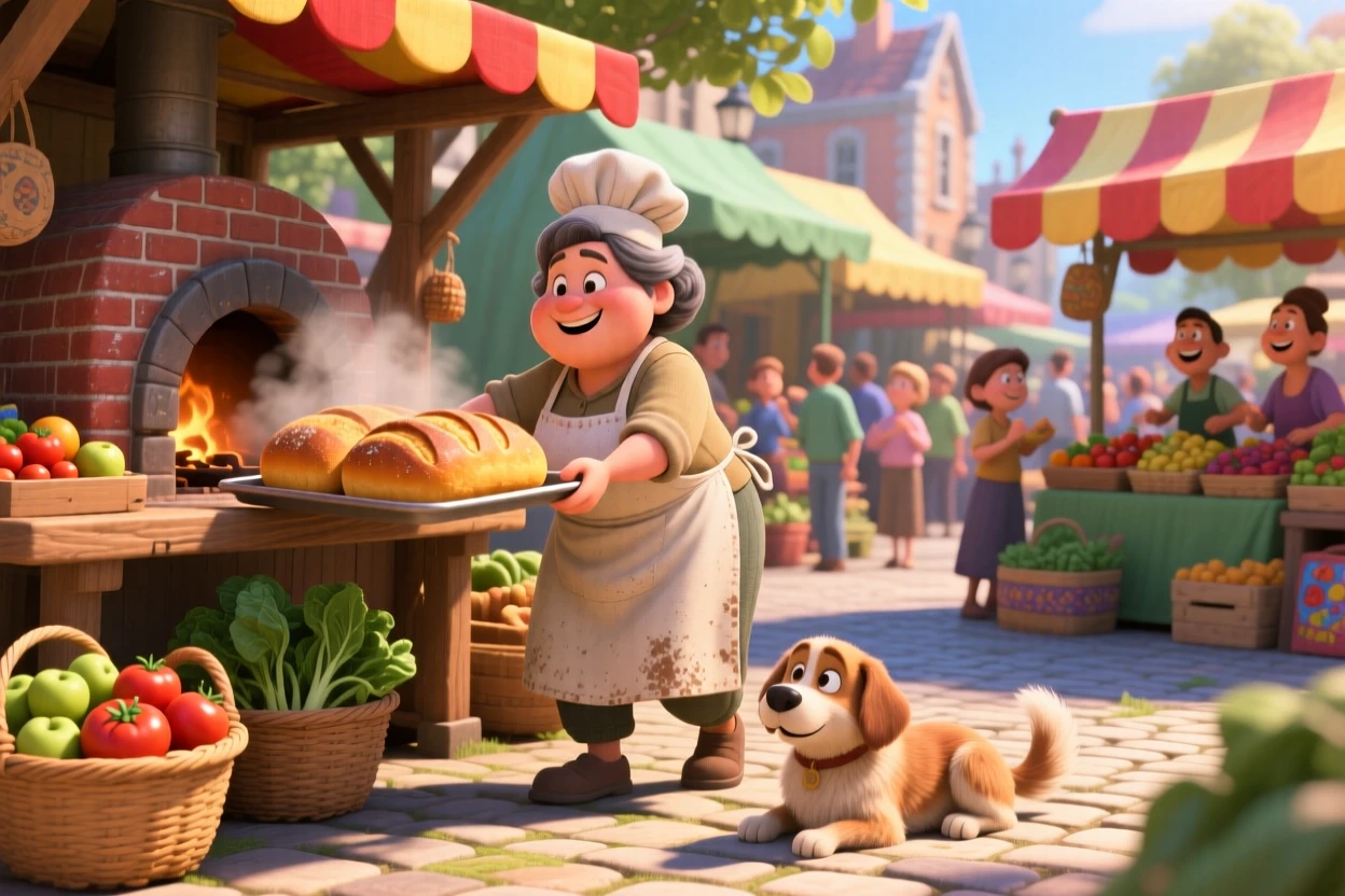 A baker pulling a fresh tray of bread from the oven is captured at a sunny farmers market bustling with vendors, with a friendly dog resting nearby. A gentle, charming warmth fills this everyday moment.