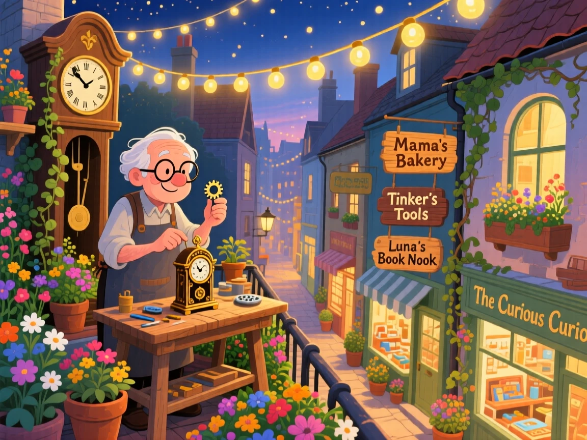 A clockmaker fixing a tiny gear pauses while tending a rooftop garden in a narrow alley lined with shops, while string lights twinkle overhead.