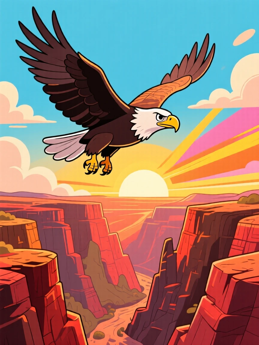 An eagle soaring above a dramatic canyon at sunrise.