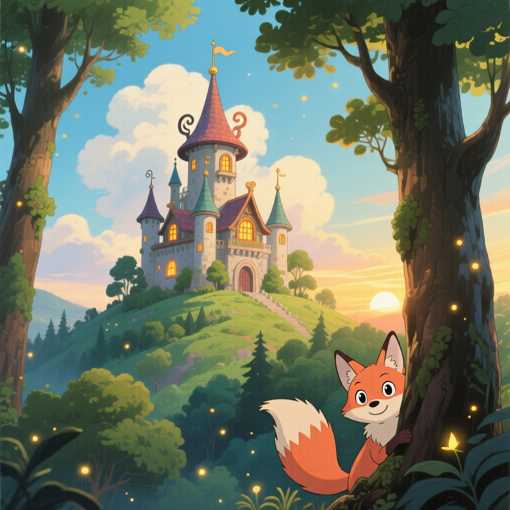 A charming view of a fairy-tale castle perched atop a forested hill, framed by tall trees and drifting clouds.