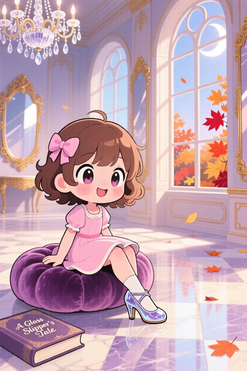 Dynamic diagonal composition: a young girl, trying on a glass slipper with a hopeful smile, set against an elegant storybook ballroom on a crisp autumn afternoon, with soft moonlight and a mood of gentle surprise.