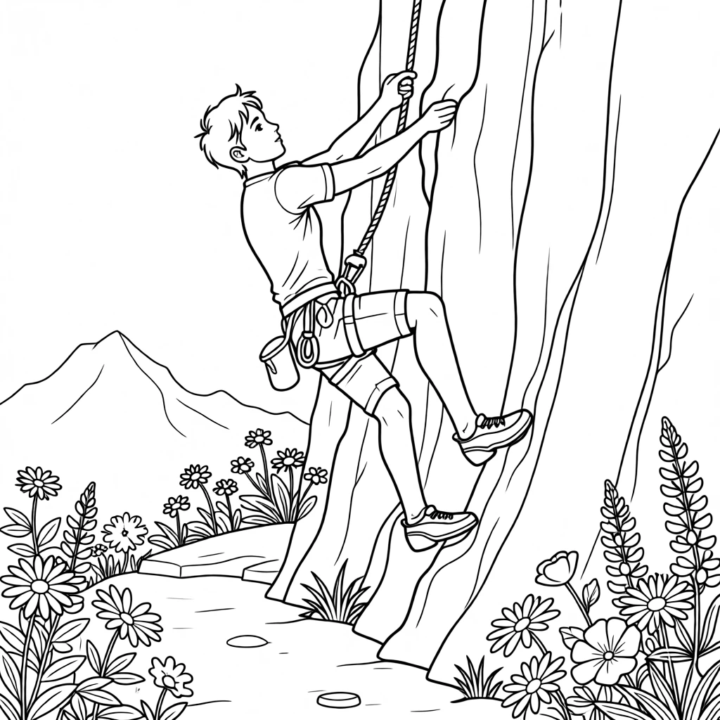 A rock climber dangling from a rope on a sheer cliff, with wildflowers scattered along the trail.
