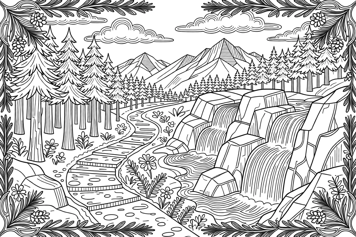 A single mountain trail winding upward past waterfalls and pines.