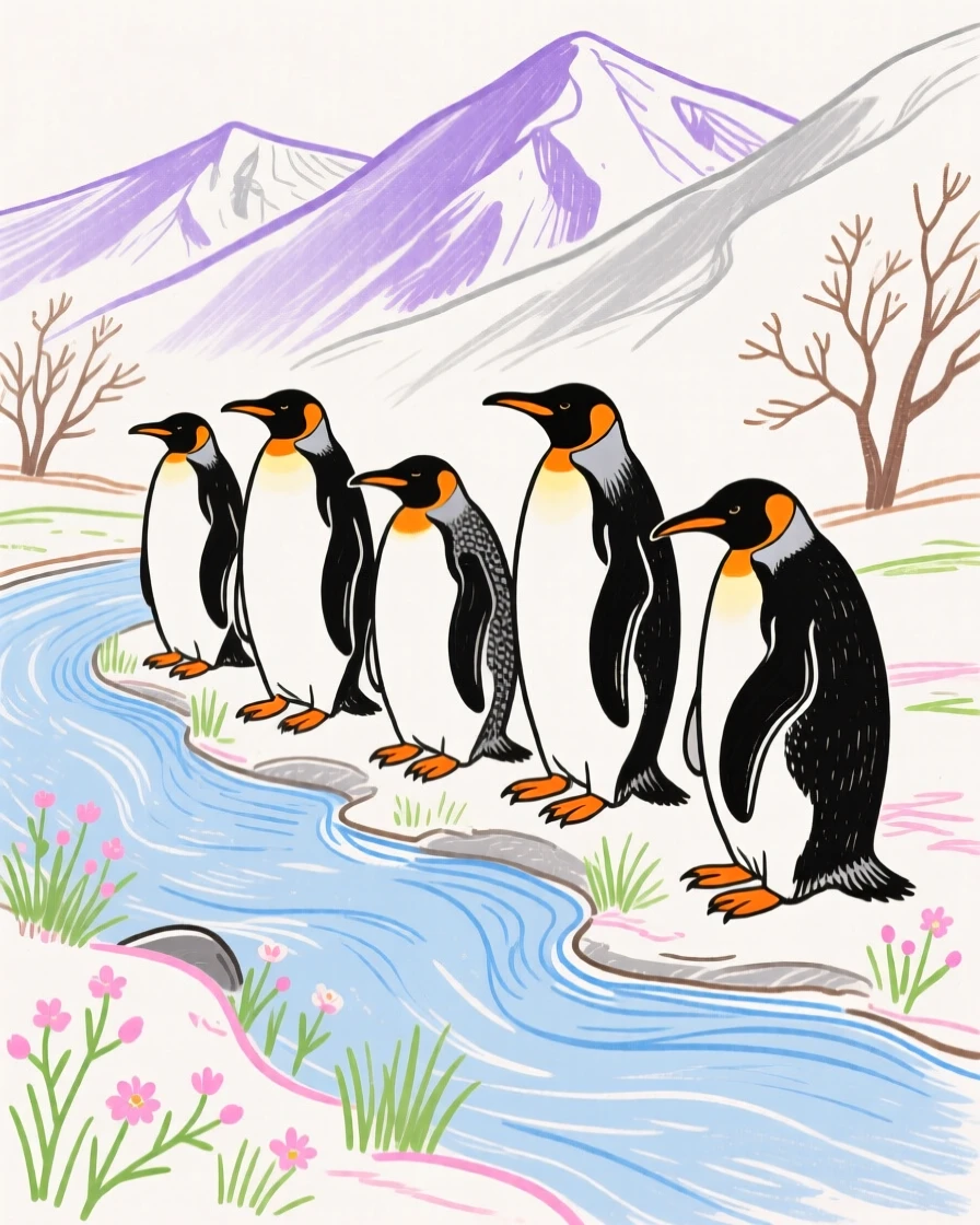 A group of penguins resting beside a mountain stream in early spring.