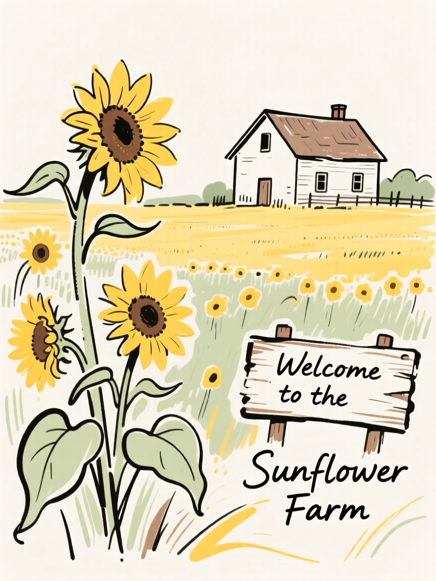 A field of sunflowers stretching alongside a rustic farmhouse.