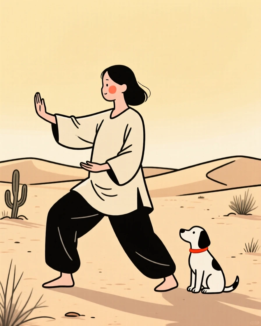 A new mother practicing tai chi in a quiet park, in a desert at golden hour.