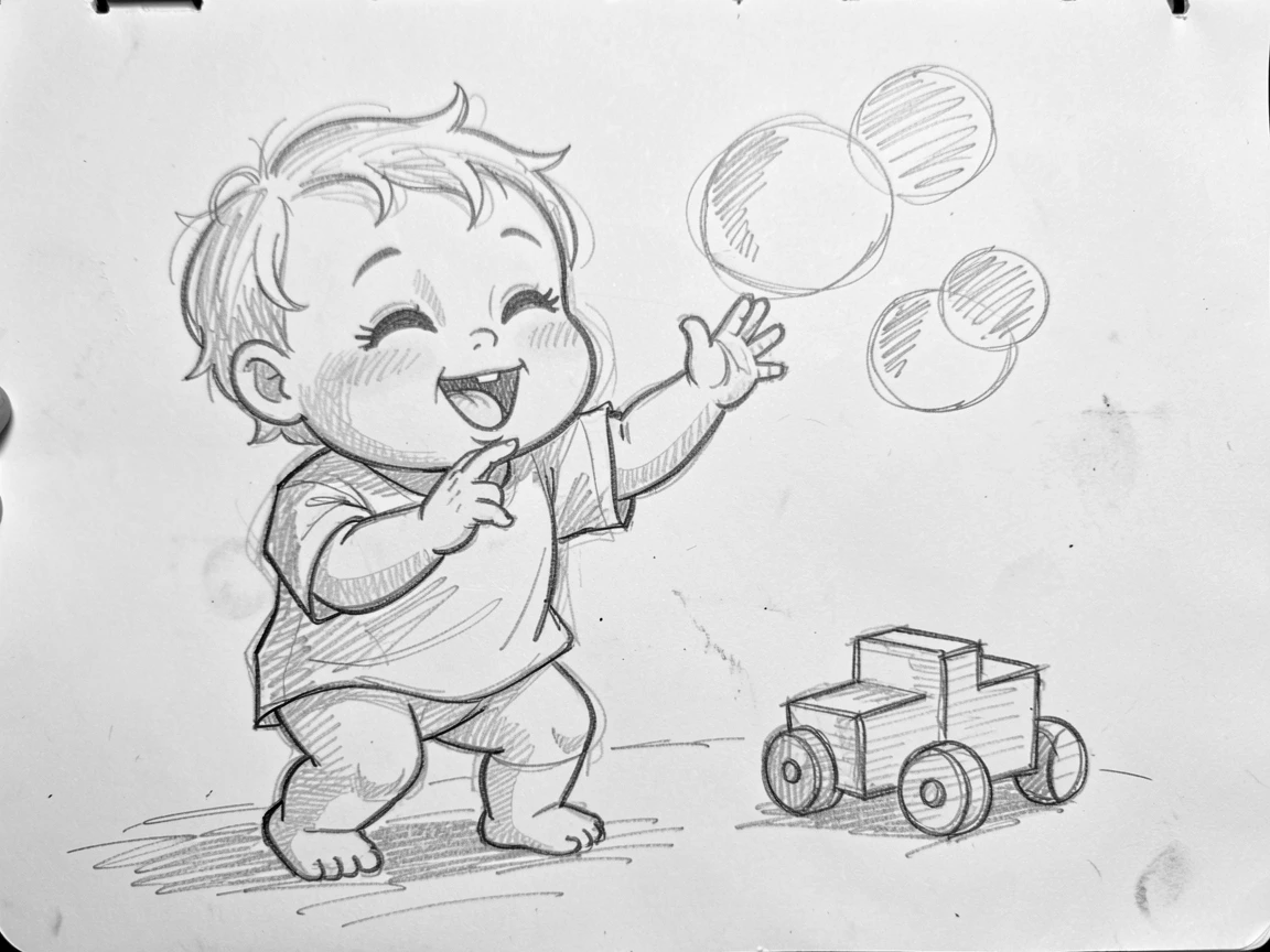 An irresistibly cute scene of a toddler giggling while chasing bubbles beside a small wooden toy, radiating pure innocent charm.