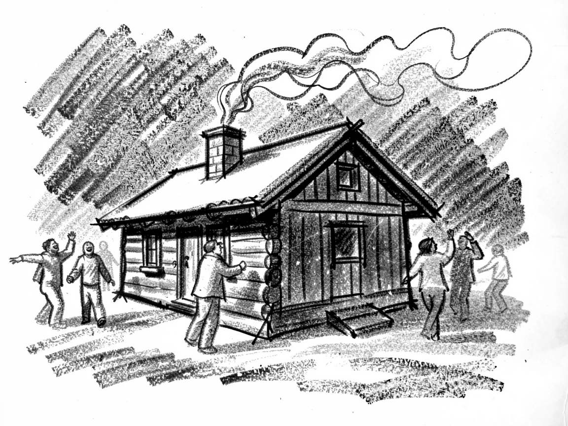 A snowy mountain cabin with smoke curling from the chimney, as laughter fills the air around them.