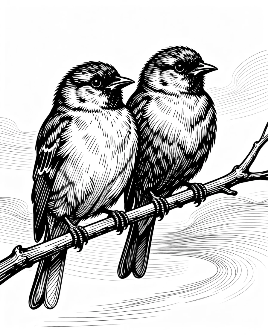 A pair of birds perched together on a single branch against a soft sky.