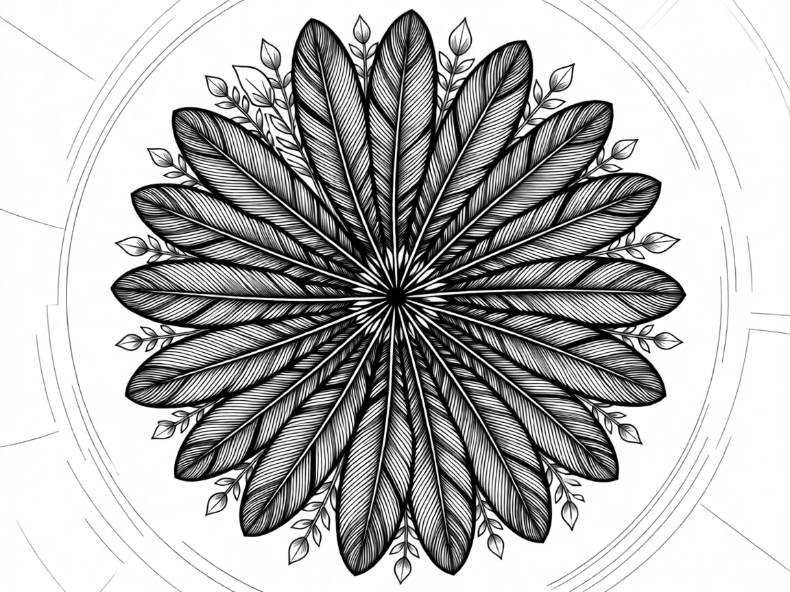 A circular composition of feathers arranged like a fan arranged in perfect radial symmetry, with tiny botanical elements woven throughout, forming a harmoniously balanced decorative composition.