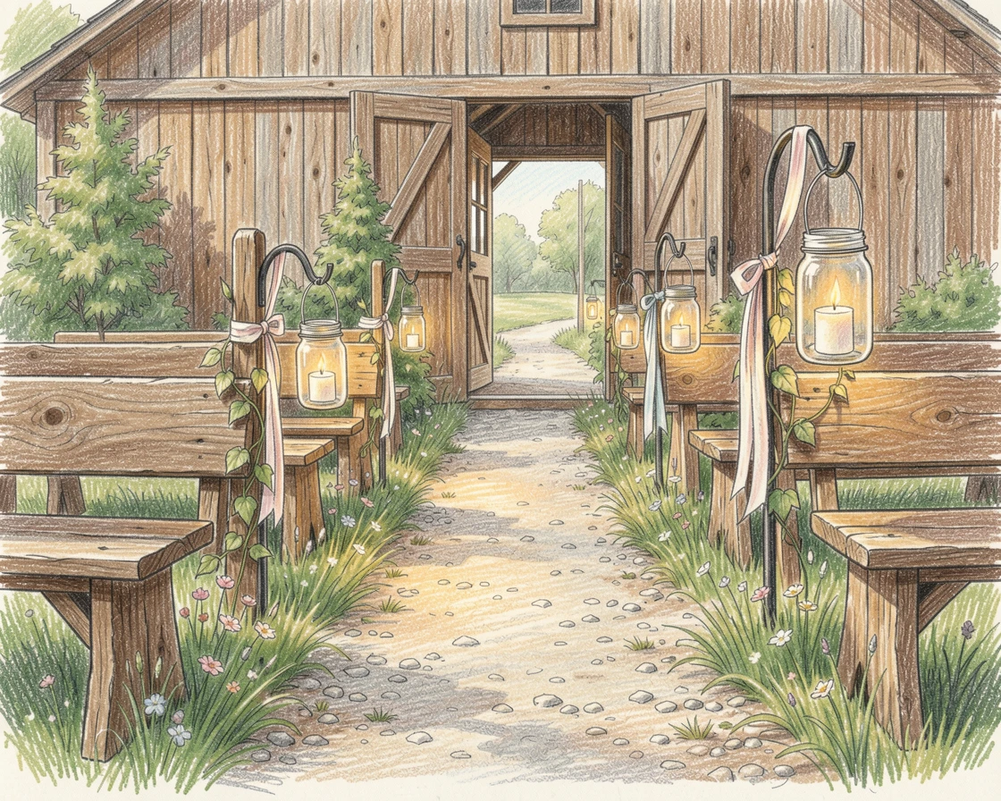 A quiet countryside barn wedding aisle lined with mason jar lanterns, with rich, inviting textures throughout the scene, radiating comfort, joy, and quiet beauty.