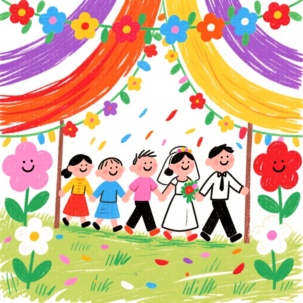 A wedding procession surrounded by vibrant fabric and flowers.