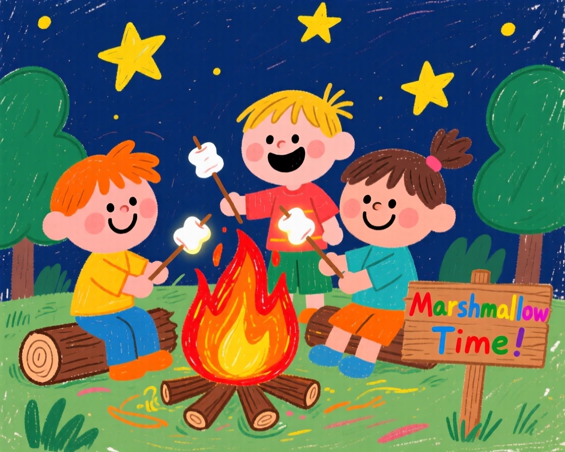 Children roasting marshmallows around a campfire.